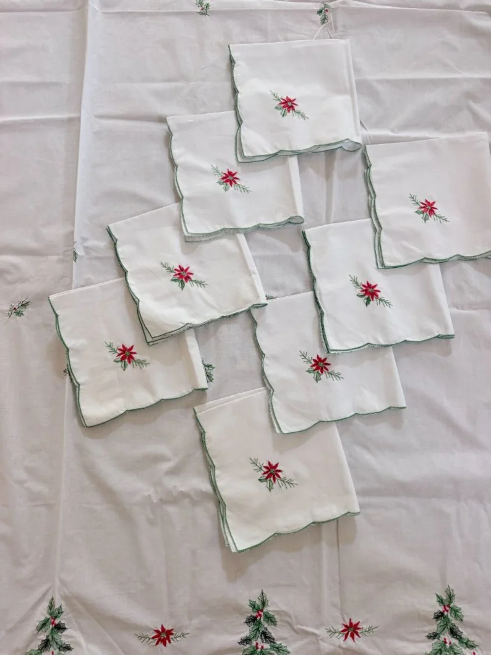 Vintage Handmade Cotton Christmas Tablecloth Set 8 Embroidered Napkins Included
